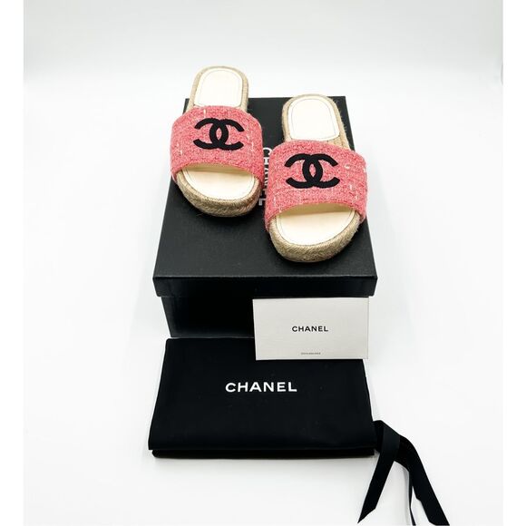 Chanel CC Logo Espadrilles Sandals Pink Tweed Slides Mules EU 38 US 7-7.5 - Picture 1 of 14